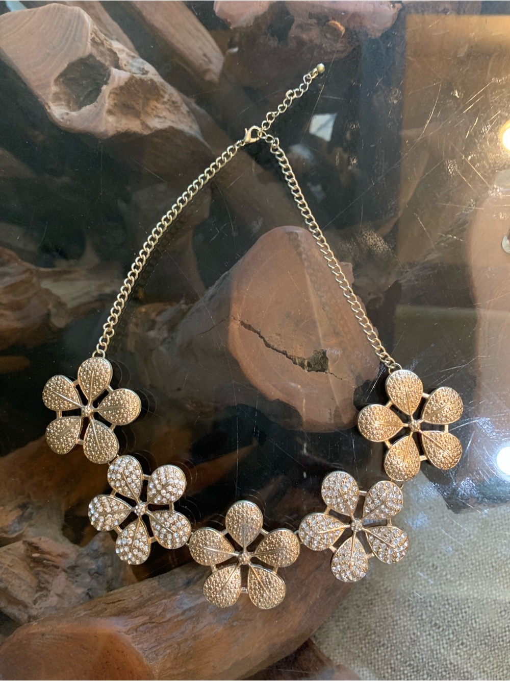 Gold Floral Crystal Statement Necklace - Women Jewelry